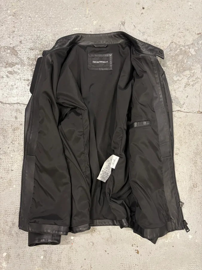 SS2018 Emporio Armani Black Minimalist Leather Jacket (M) hSLQgBK 3
