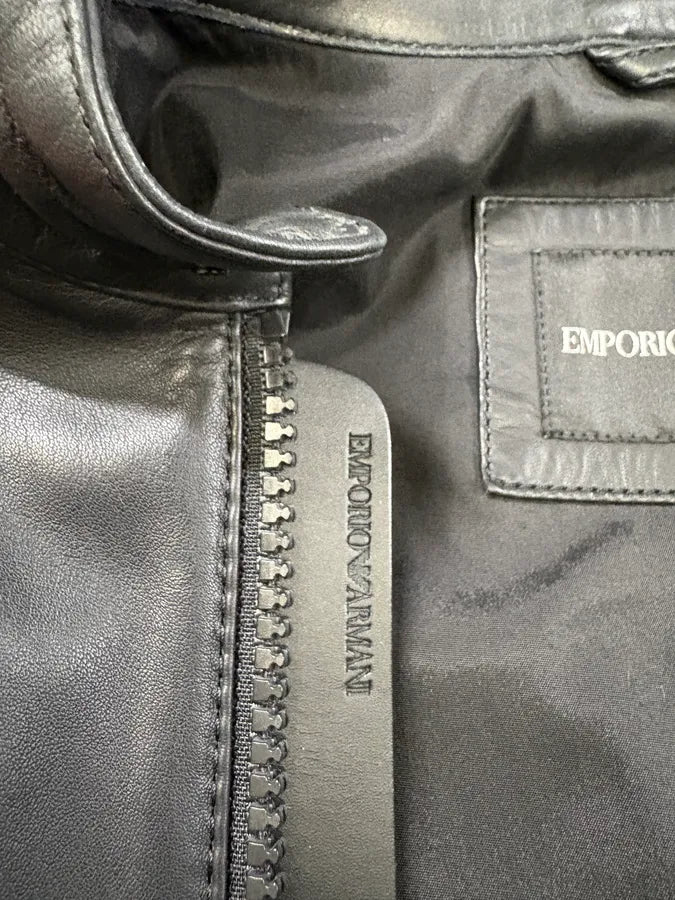 SS2018 Emporio Armani Black Minimalist Leather Jacket (M) hSLQgBK 6