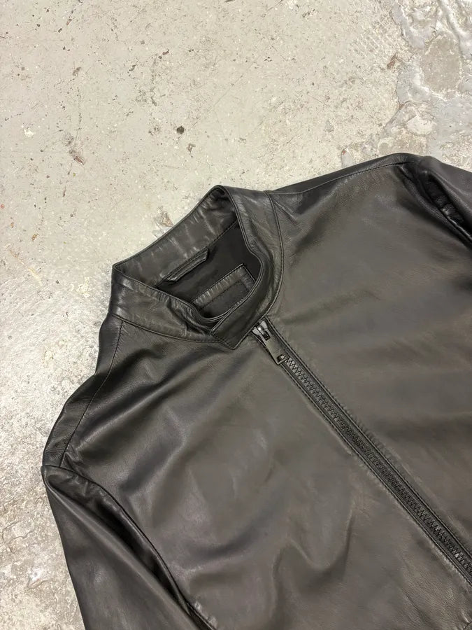 SS2018 Emporio Armani Black Minimalist Leather Jacket (M) hSLQgBK 7