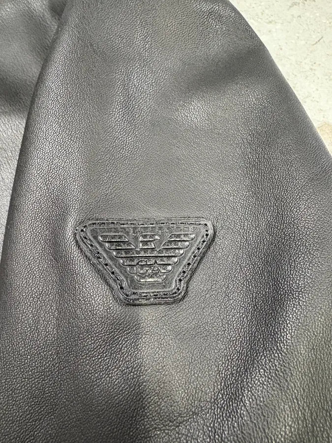 SS2018 Emporio Armani Black Minimalist Leather Jacket (M) hSLQgBK 8