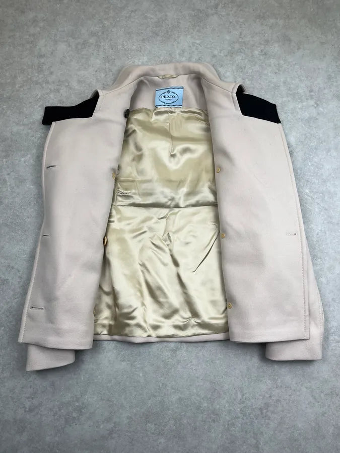 SS2019 Prada Beige Zip Sleeves Wool Buttoned Officer Jacket qPVrPPH 9