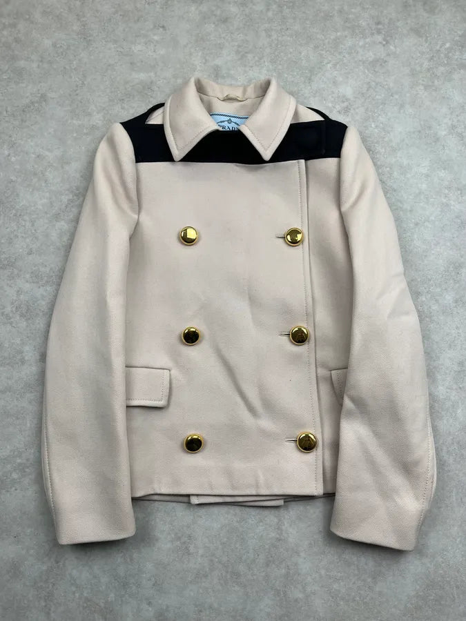 SS2019 Prada Beige Zip Sleeves Wool Buttoned Officer Jacket qPVrPPH 0