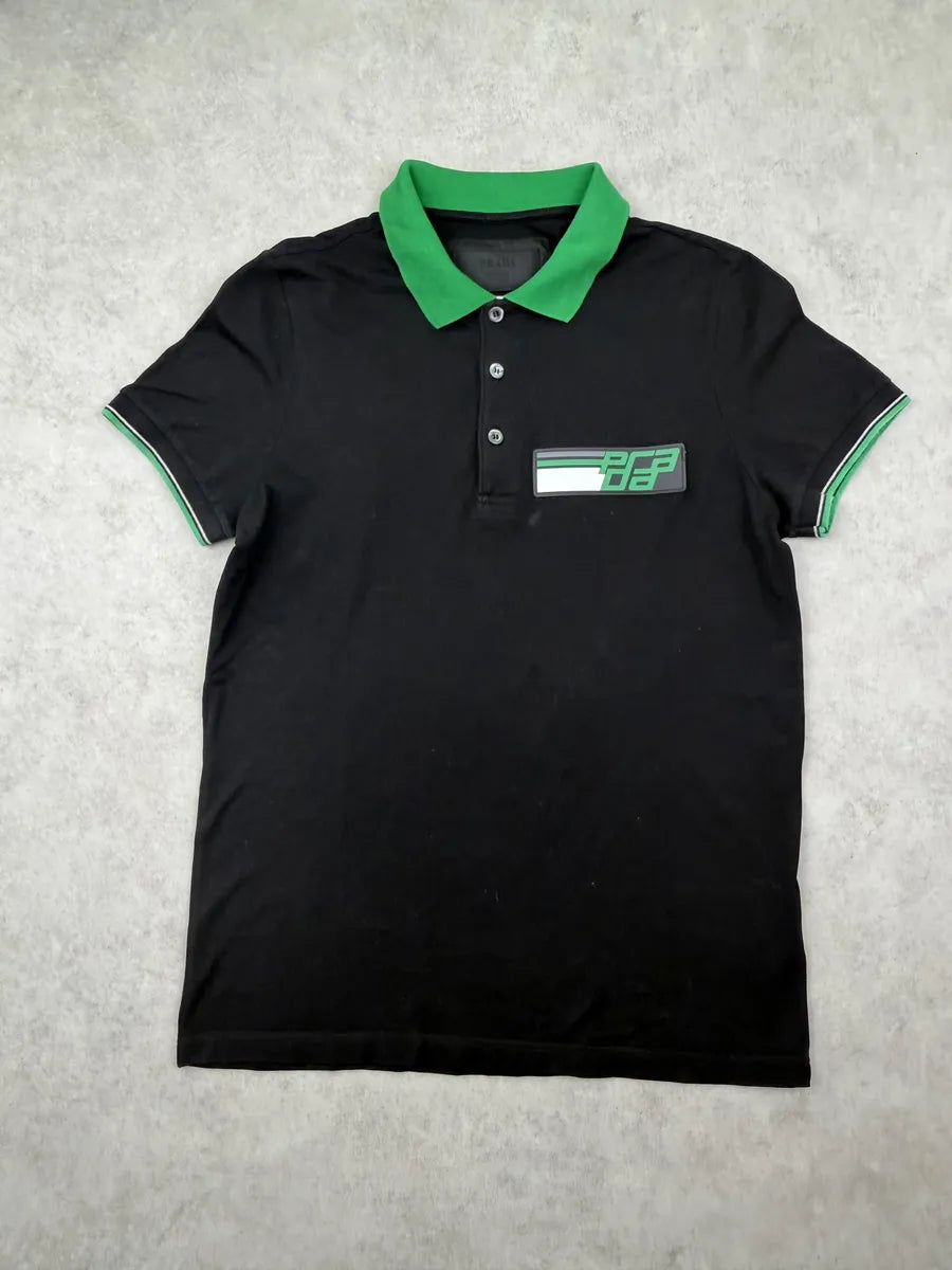 SS2018 Prada Black & Green Contrast Collar Polo bdheNUf 2