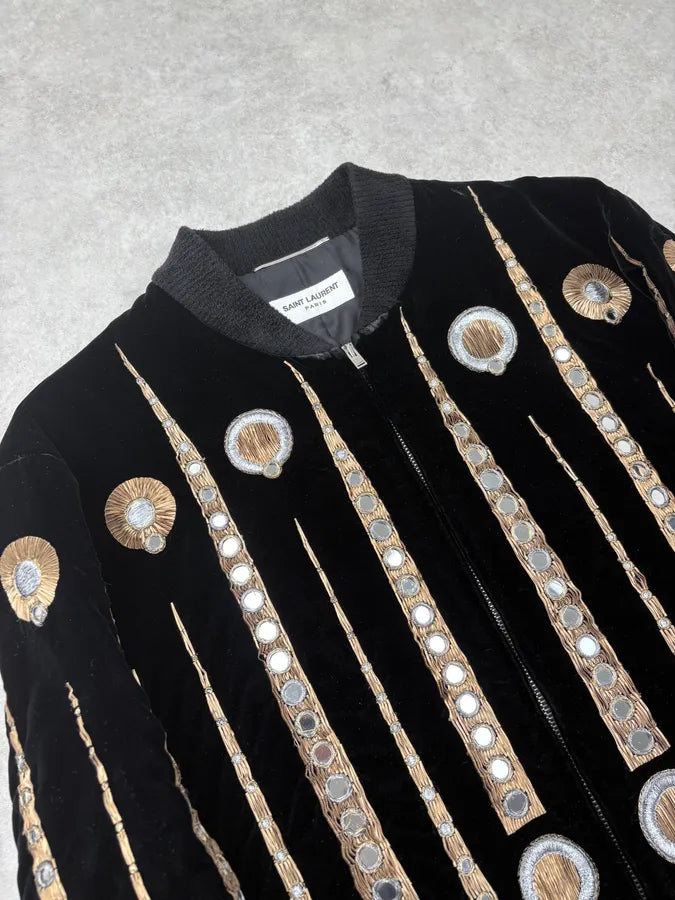 SS2019 Saint Laurent Black Velvet Mirors Embroidered Bomber Jacket TvguSSq 6