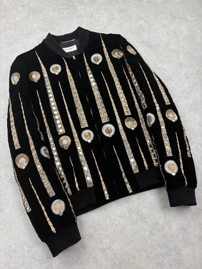 SS2019 Saint Laurent Black Velvet Mirors Embroidered Bomber Jacket TvguSSq 5