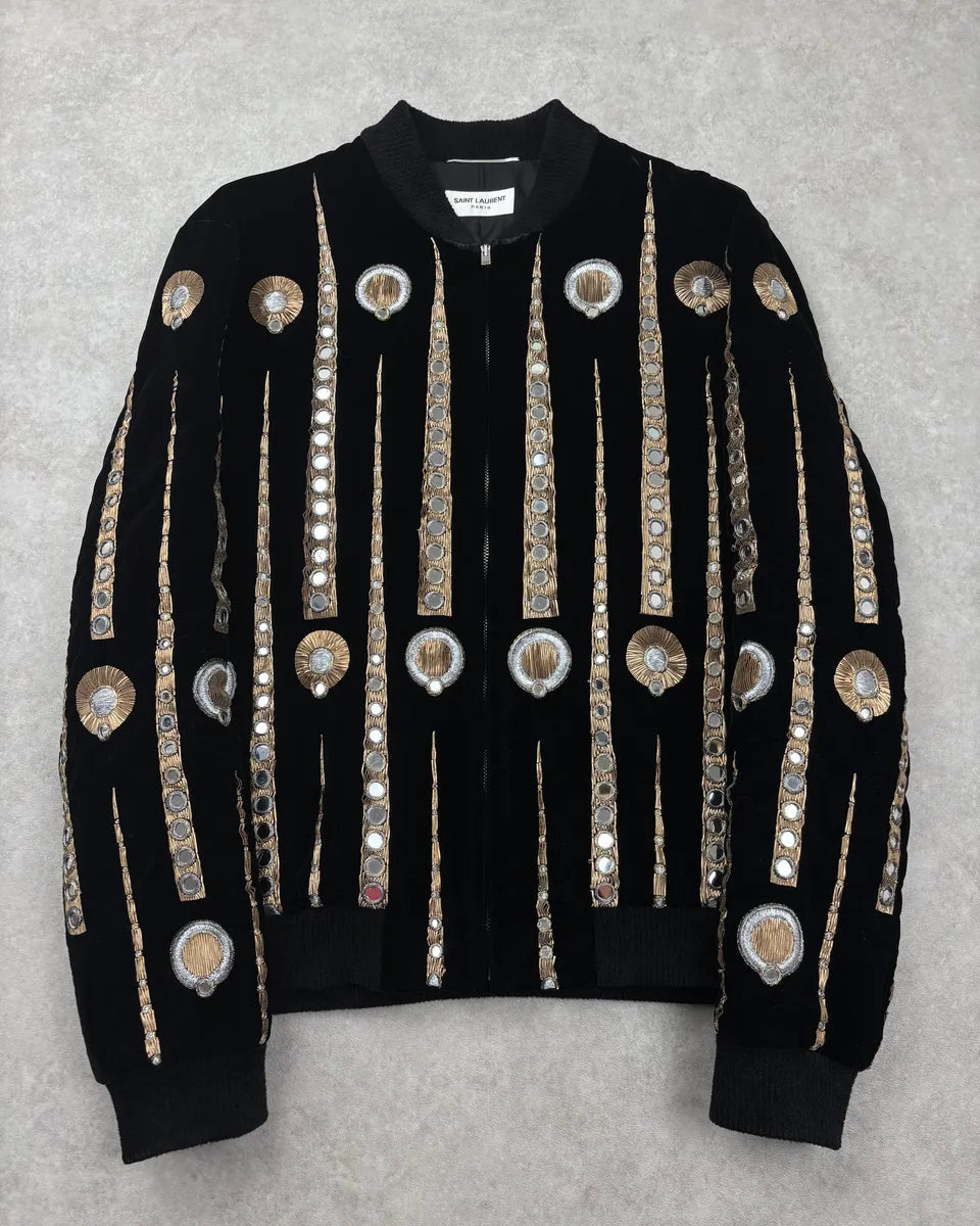 SS2019 Saint Laurent Black Velvet Mirors Embroidered Bomber Jacket TvguSSq 0