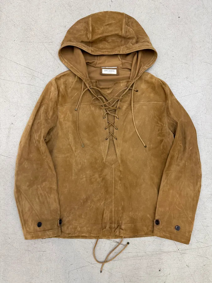 SS2018 Saint Laurent Brown Suede Leather Lace-Up Hooded Jacket WDaRnOH 0