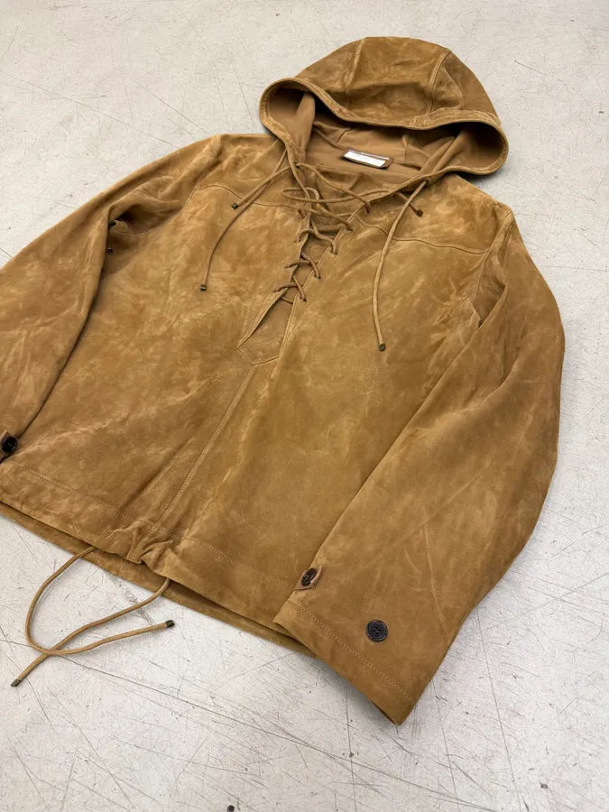 SS2018 Saint Laurent Brown Suede Leather Lace-Up Hooded Jacket WDaRnOH 11