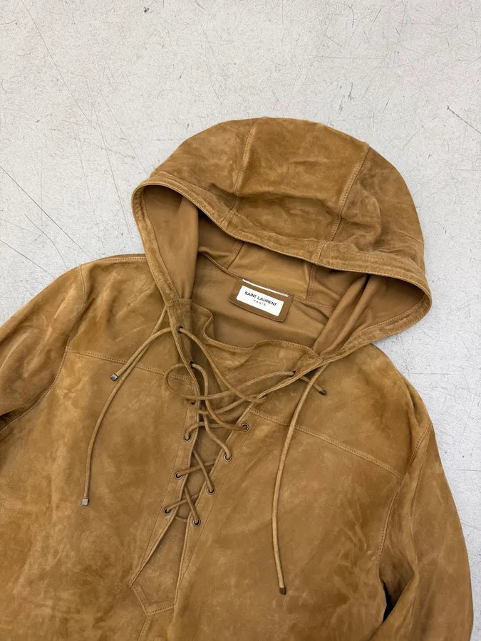 SS2018 Saint Laurent Brown Suede Leather Lace-Up Hooded Jacket WDaRnOH 14