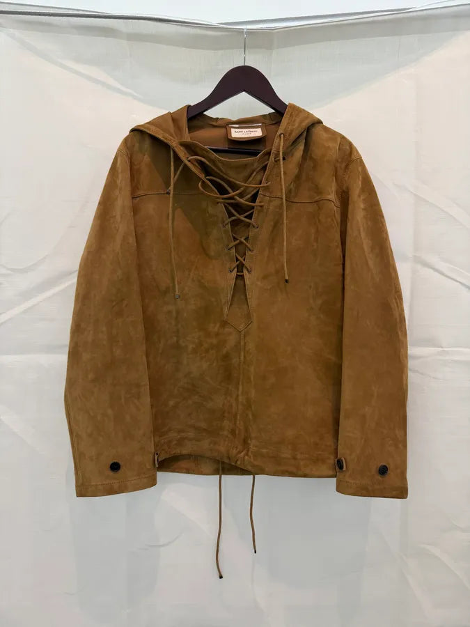 SS2018 Saint Laurent Brown Suede Leather Lace-Up Hooded Jacket WDaRnOH 2