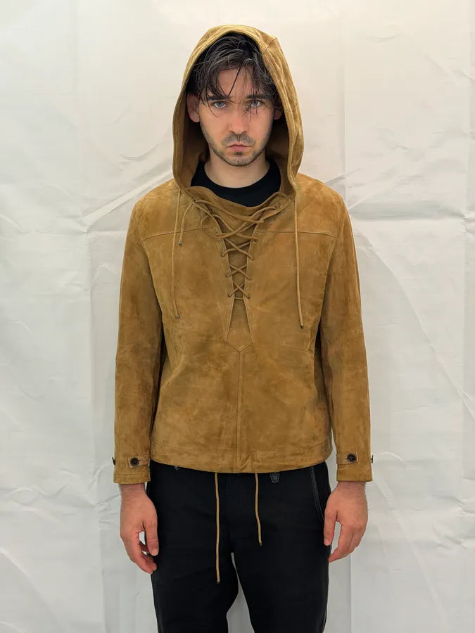 SS2018 Saint Laurent Brown Suede Leather Lace-Up Hooded Jacket WDaRnOH 6