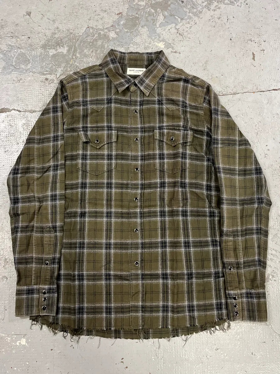 SS2018 Saint Laurent Khaki Green Tartan Shirt kBzVQlo 0
