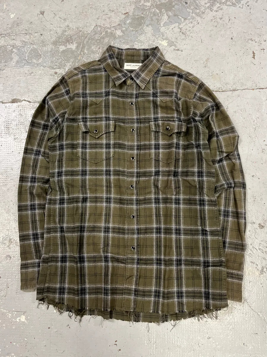 SS2018 Saint Laurent Khaki Green Tartan Shirt kBzVQlo 3