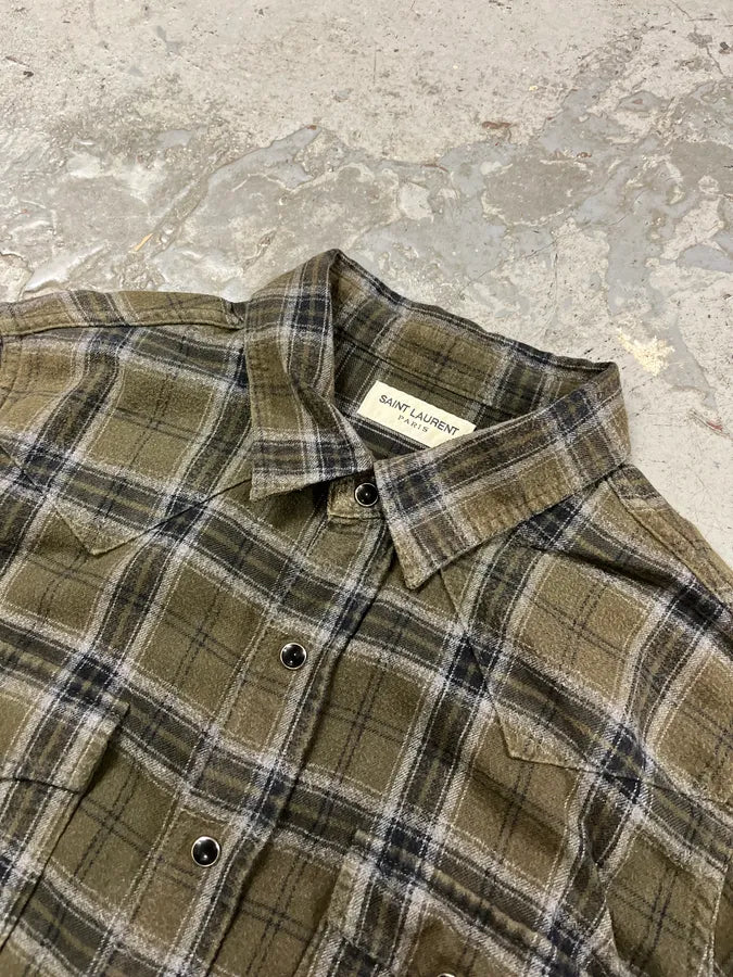 SS2018 Saint Laurent Khaki Green Tartan Shirt kBzVQlo 4