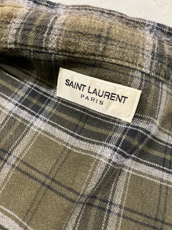 SS2018 Saint Laurent Khaki Green Tartan Shirt kBzVQlo 9