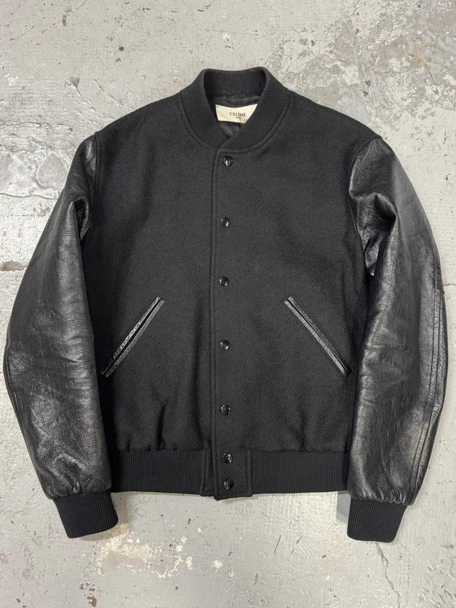 SS2019 Celine Black Varsity Teddy Leather Jacket by Hedi Slimane inxWeem 0