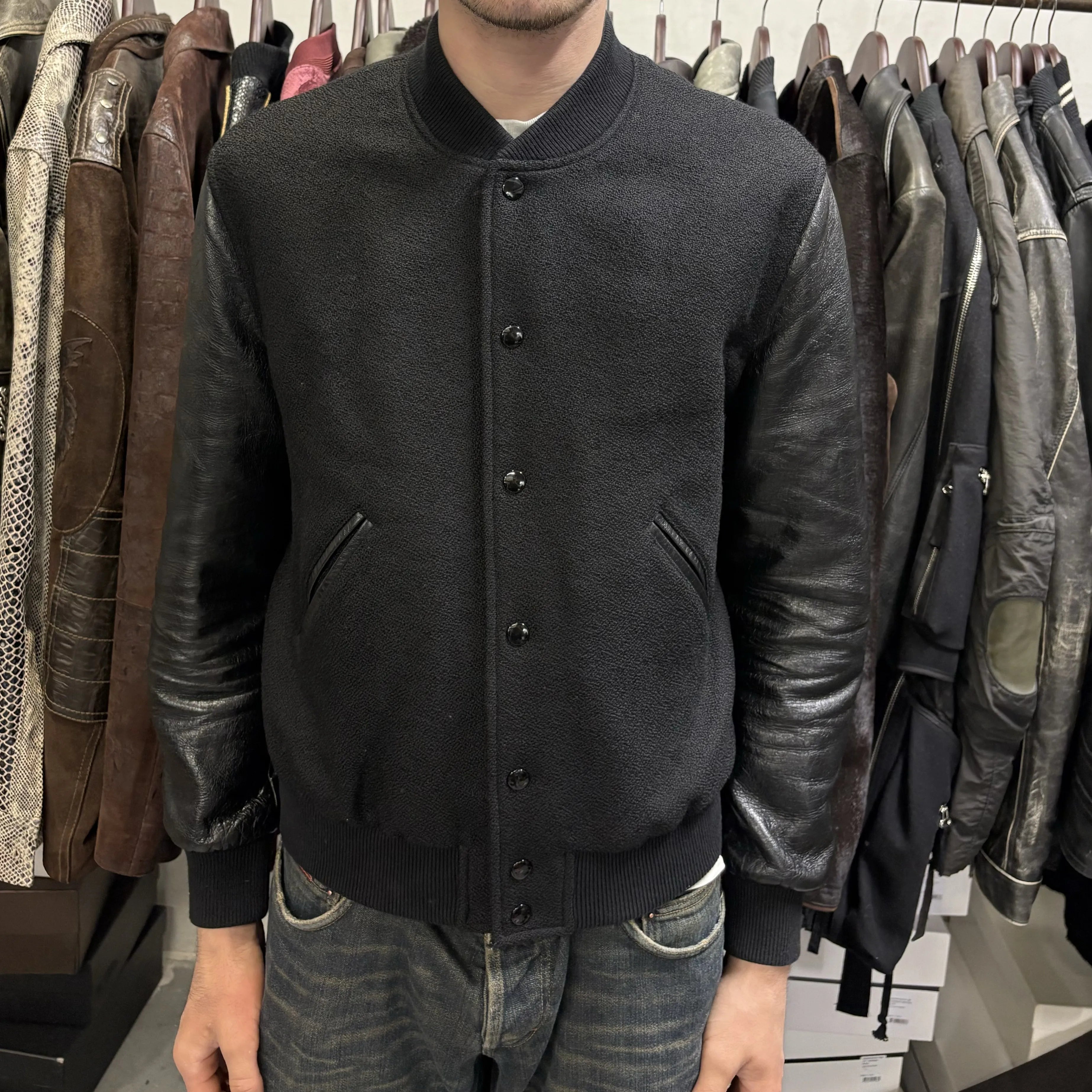 SS2019 Celine Black Varsity Teddy Leather Jacket by Hedi Slimane inxWeem 1