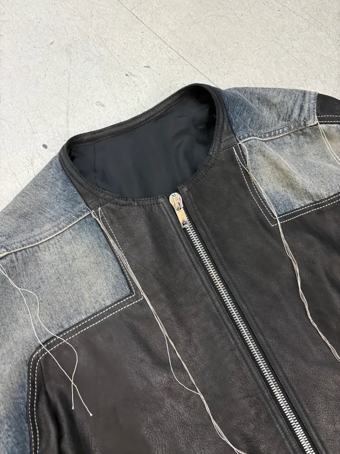 SS2019 Rick Owens Babel Black Leather Patchwork Denim Hybrid Jacket YuuBNvC 4