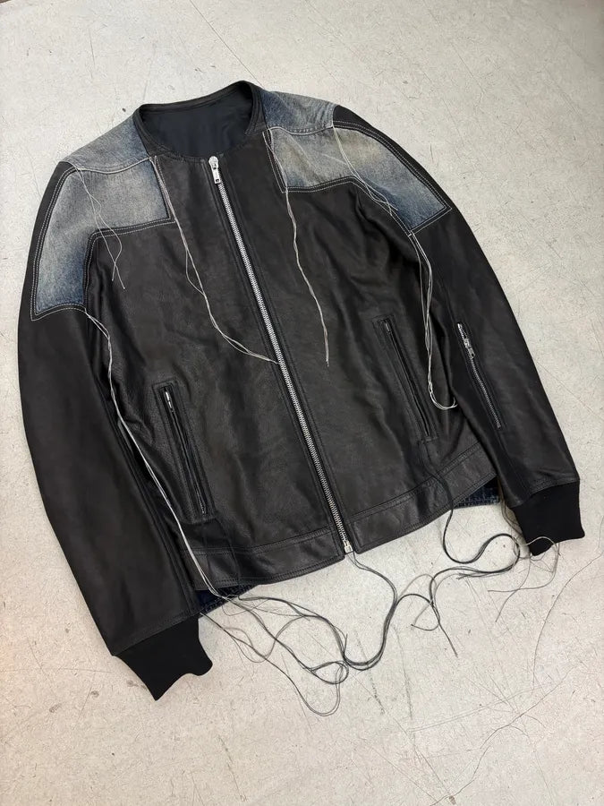 SS2019 Rick Owens Babel Black Leather Patchwork Denim Hybrid Jacket YuuBNvC 3