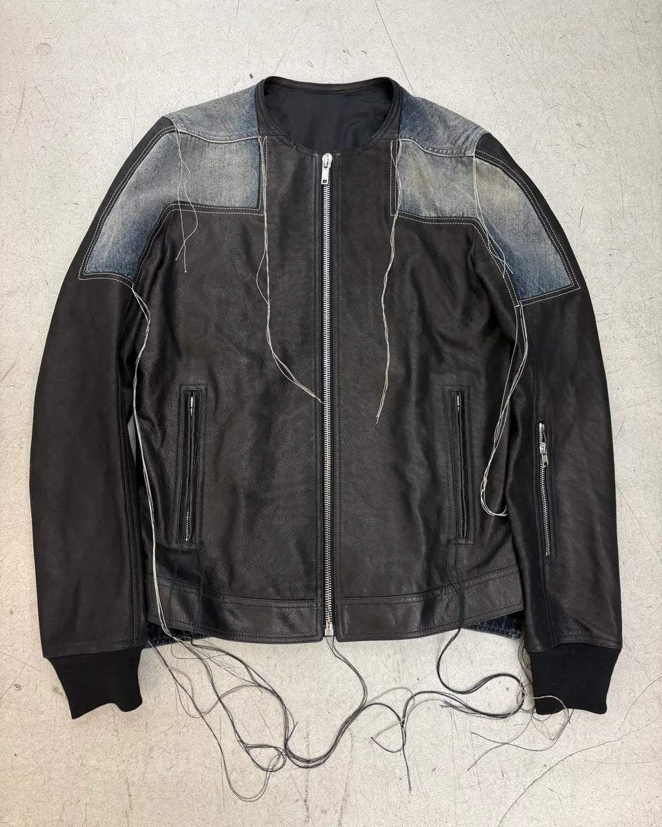 SS2019 Rick Owens Babel Black Leather Patchwork Denim Hybrid Jacket YuuBNvC 0