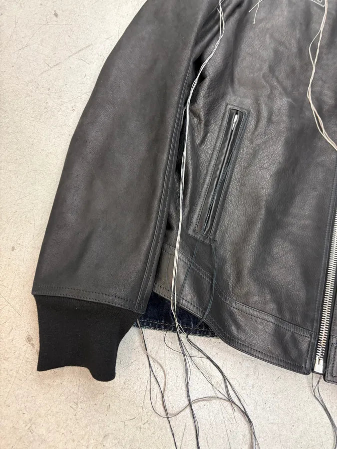 SS2019 Rick Owens Babel Black Leather Patchwork Denim Hybrid Jacket YuuBNvC 7