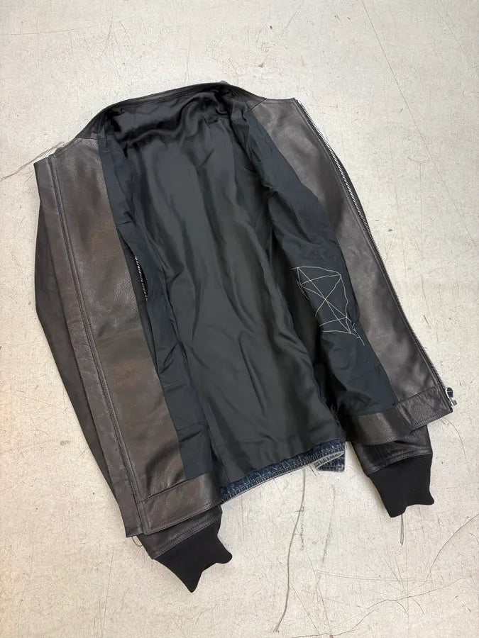 SS2019 Rick Owens Babel Black Leather Patchwork Denim Hybrid Jacket YuuBNvC 6