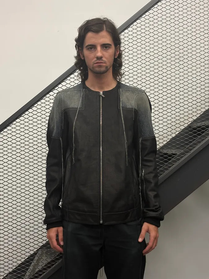 SS2019 Rick Owens Babel Black Leather Patchwork Denim Hybrid Jacket YuuBNvC 1