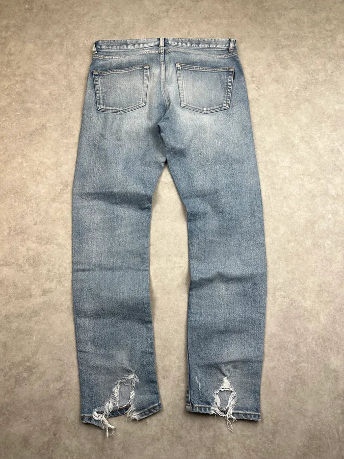 SS2019 Saint Laurent Blue Washed Distressed Denim Jeans FWvVOMu 5