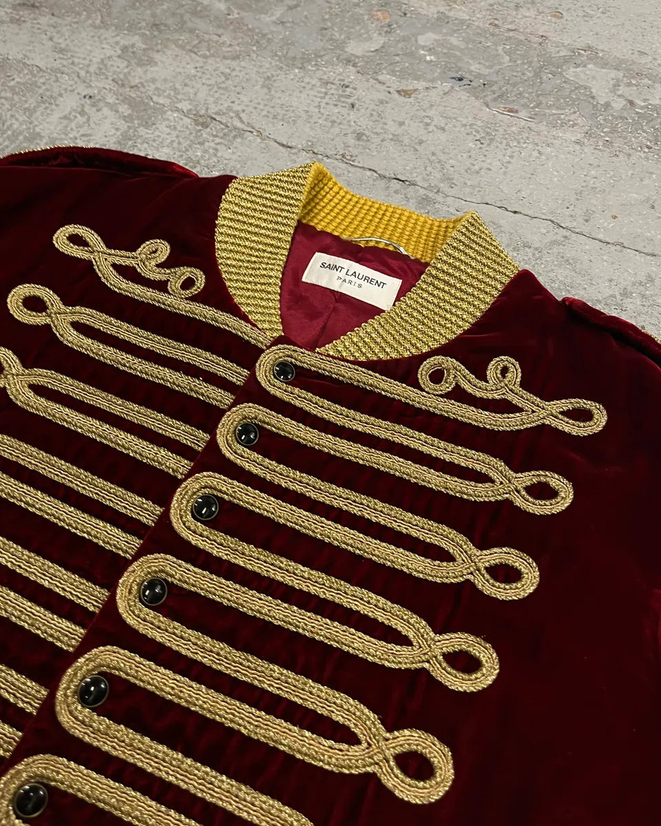 SS2019 Saint Laurent Bordeaux Velvet Gold Napoleon Officer Jacket AckMlgT 5