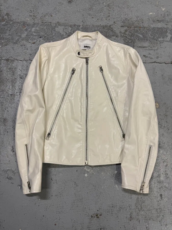 SS2020 Maison Margiela MM6 5 Zip White Leather Biker Jacket sqIVNca 0