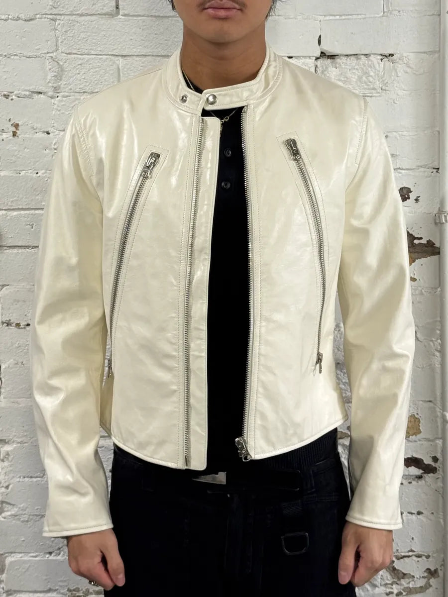 SS2020 Maison Margiela MM6 5 Zip White Leather Biker Jacket sqIVNca 1