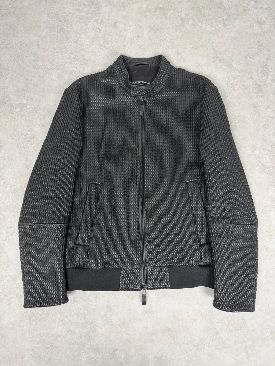 SS2021 Emporio Armani Black Relief Biker Leather Jacket zKFjIIB 0