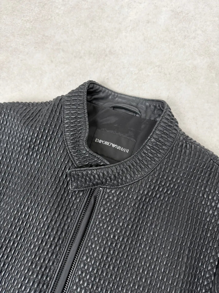 SS2021 Emporio Armani Black Relief Biker Leather Jacket zKFjIIB 3