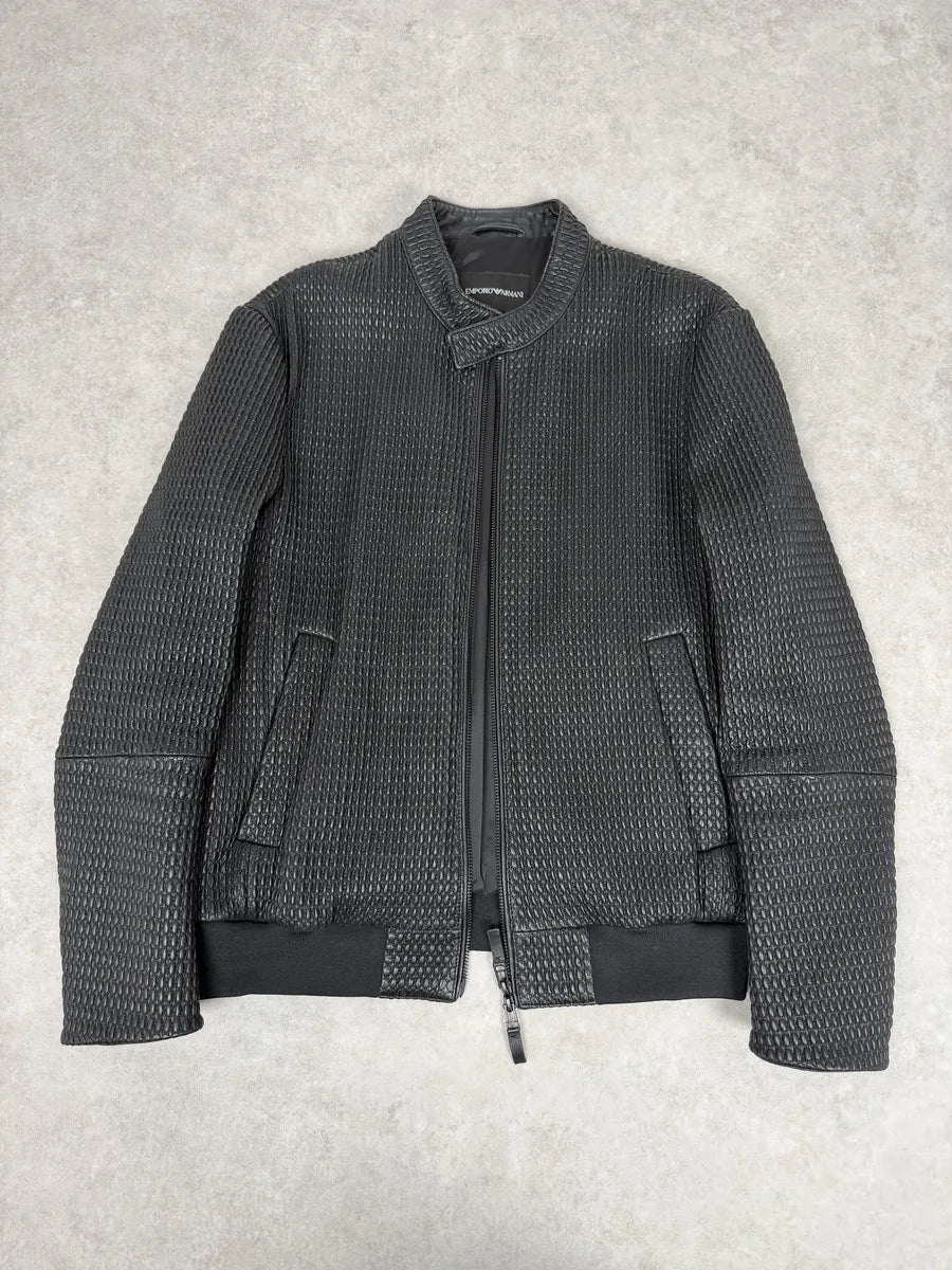 SS2021 Emporio Armani Black Relief Biker Leather Jacket zKFjIIB 4