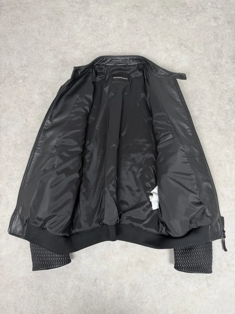 SS2021 Emporio Armani Black Relief Biker Leather Jacket zKFjIIB 5