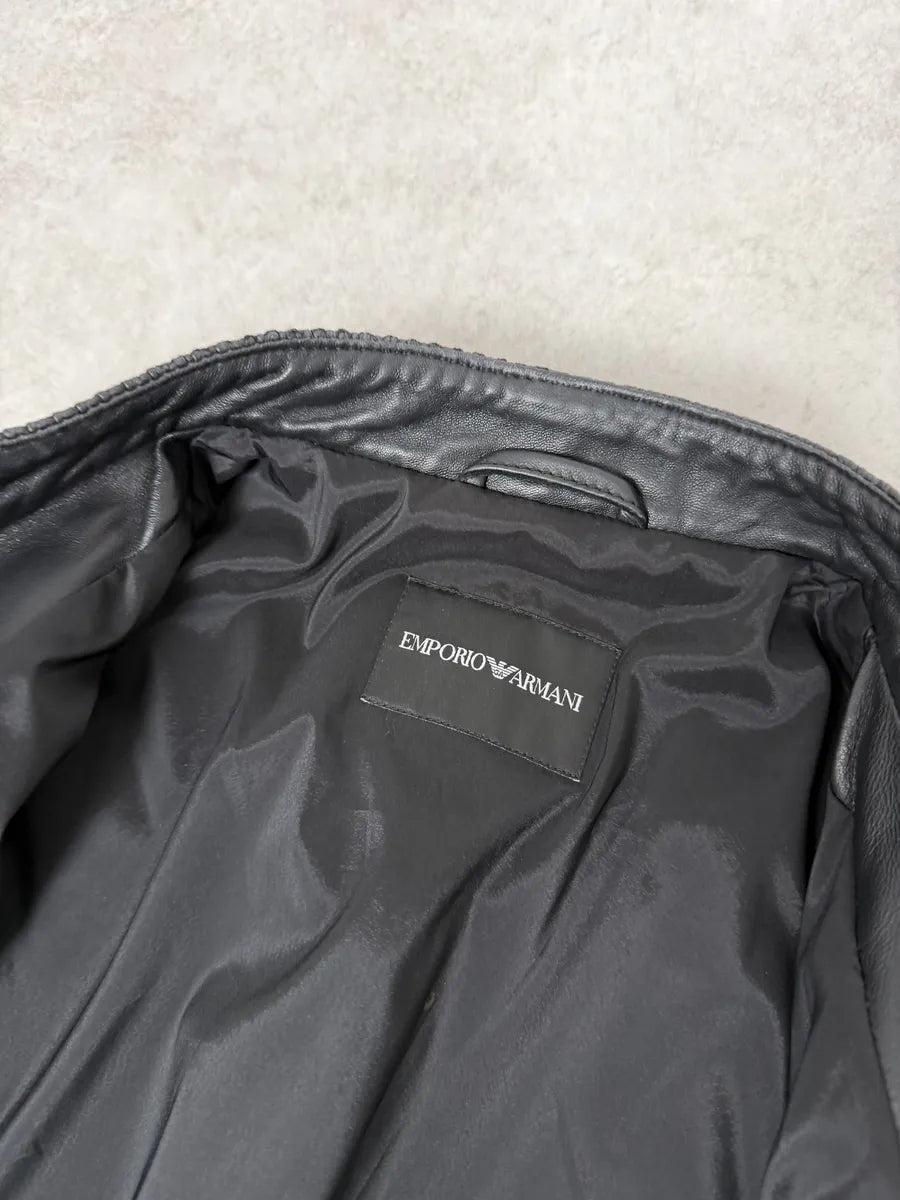 SS2021 Emporio Armani Black Relief Biker Leather Jacket zKFjIIB 6