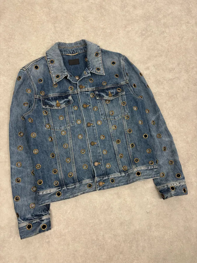 SS2021 Saint Laurent Light Blue Eyelet Denim Jacket DuMkjUE 3