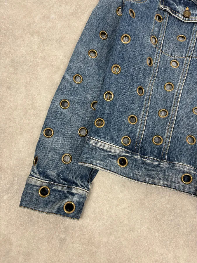 SS2021 Saint Laurent Light Blue Eyelet Denim Jacket DuMkjUE 7