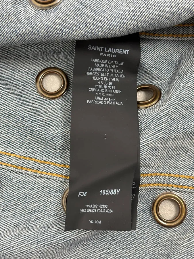 SS2021 Saint Laurent Light Blue Eyelet Denim Jacket DuMkjUE 10