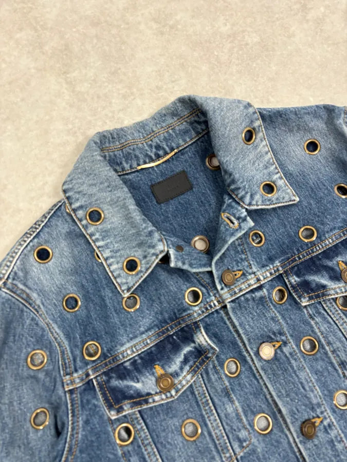 SS2021 Saint Laurent Light Blue Eyelet Denim Jacket DuMkjUE 4