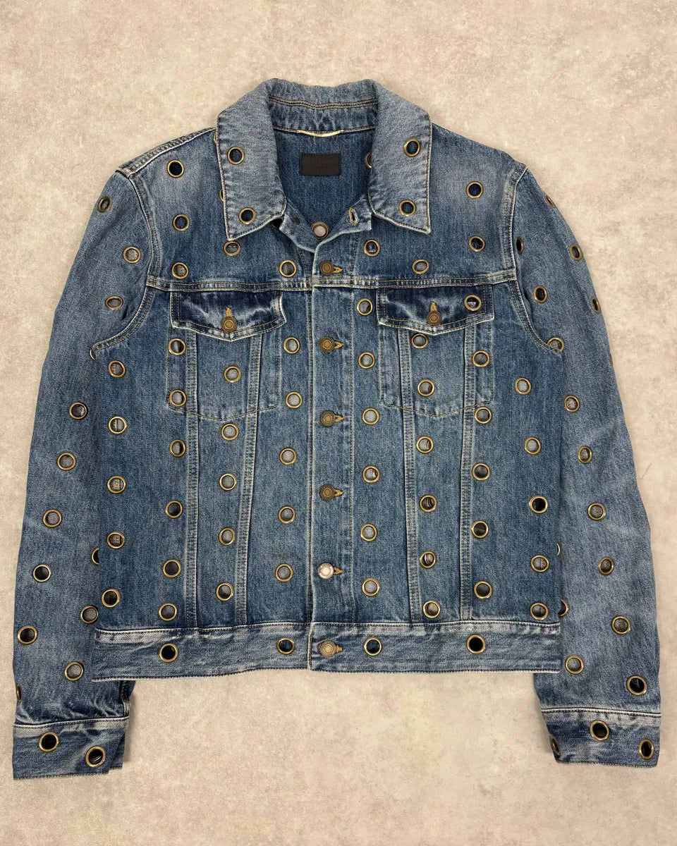 SS2021 Saint Laurent Light Blue Eyelet Denim Jacket DuMkjUE 0