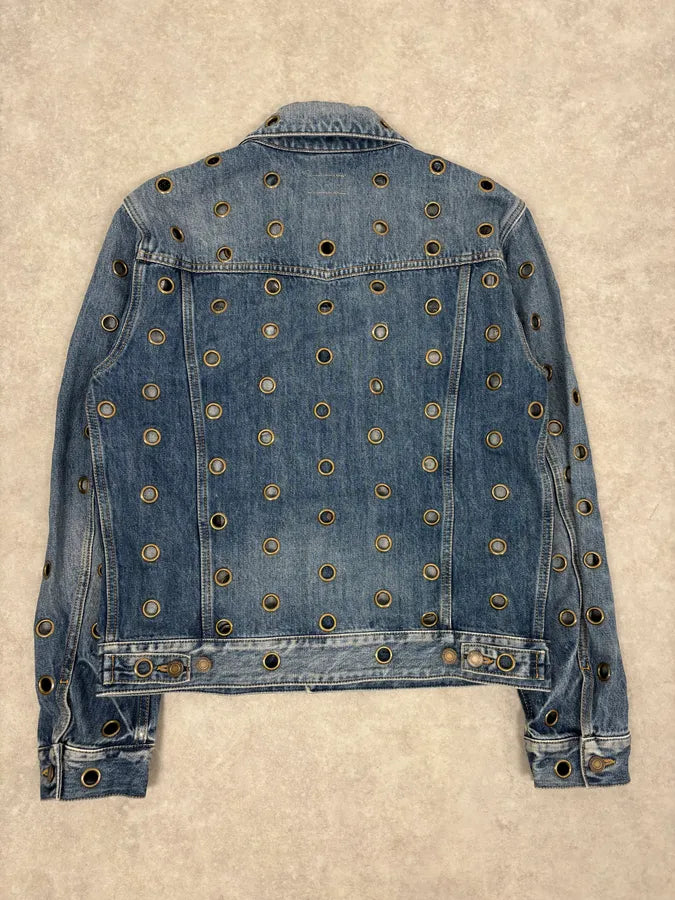 SS2021 Saint Laurent Light Blue Eyelet Denim Jacket DuMkjUE 5