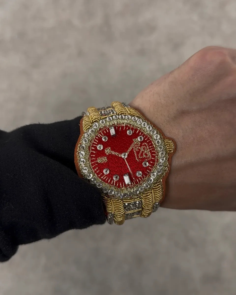 SS2021 Walter Van Beirendonck Embellished Red Embroidered Fake Watch Leather Bracelet LIYQiDG 0