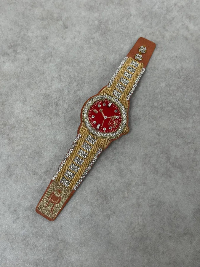 SS2021 Walter Van Beirendonck Embellished Red Embroidered Fake Watch Leather Bracelet LIYQiDG 1