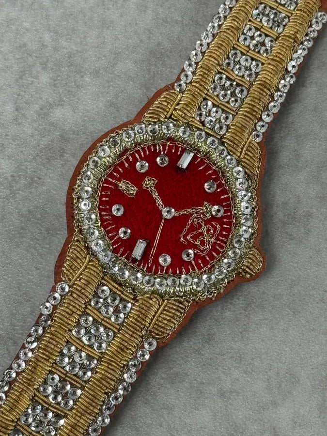 SS2021 Walter Van Beirendonck Embellished Red Embroidered Fake Watch Leather Bracelet LIYQiDG 2