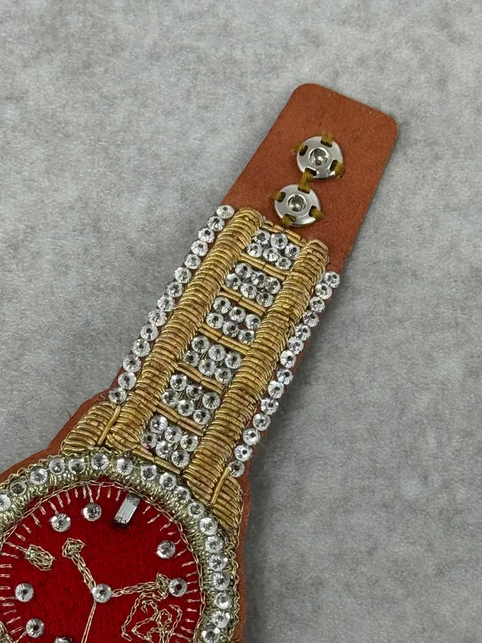 SS2021 Walter Van Beirendonck Embellished Red Embroidered Fake Watch Leather Bracelet LIYQiDG 4