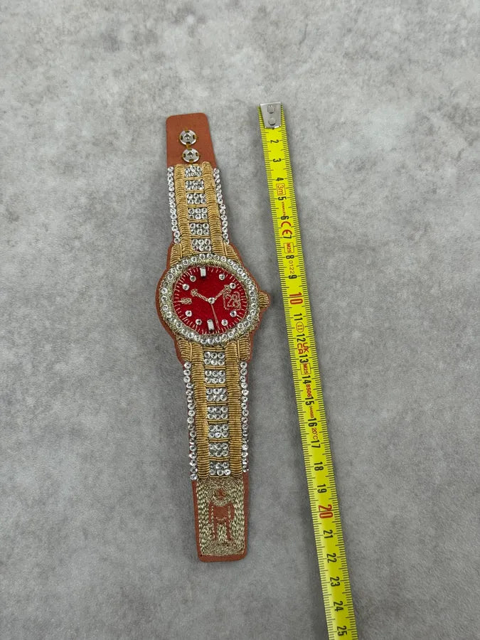 SS2021 Walter Van Beirendonck Embellished Red Embroidered Fake Watch Leather Bracelet LIYQiDG 5