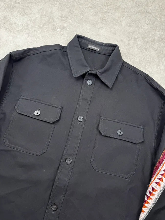 AW2022 Emporio Armani Black Tribal Embroidered Trucker Shirt Jacket WAEbBwG 3