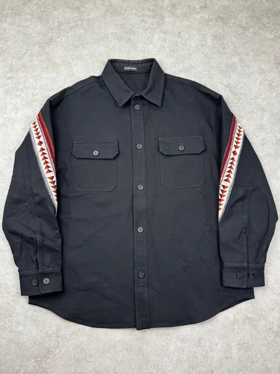 AW2022 Emporio Armani Black Tribal Embroidered Trucker Shirt Jacket WAEbBwG 0