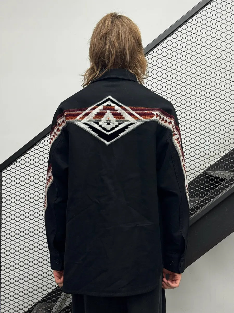 AW2022 Emporio Armani Black Tribal Embroidered Trucker Shirt Jacket WAEbBwG 2